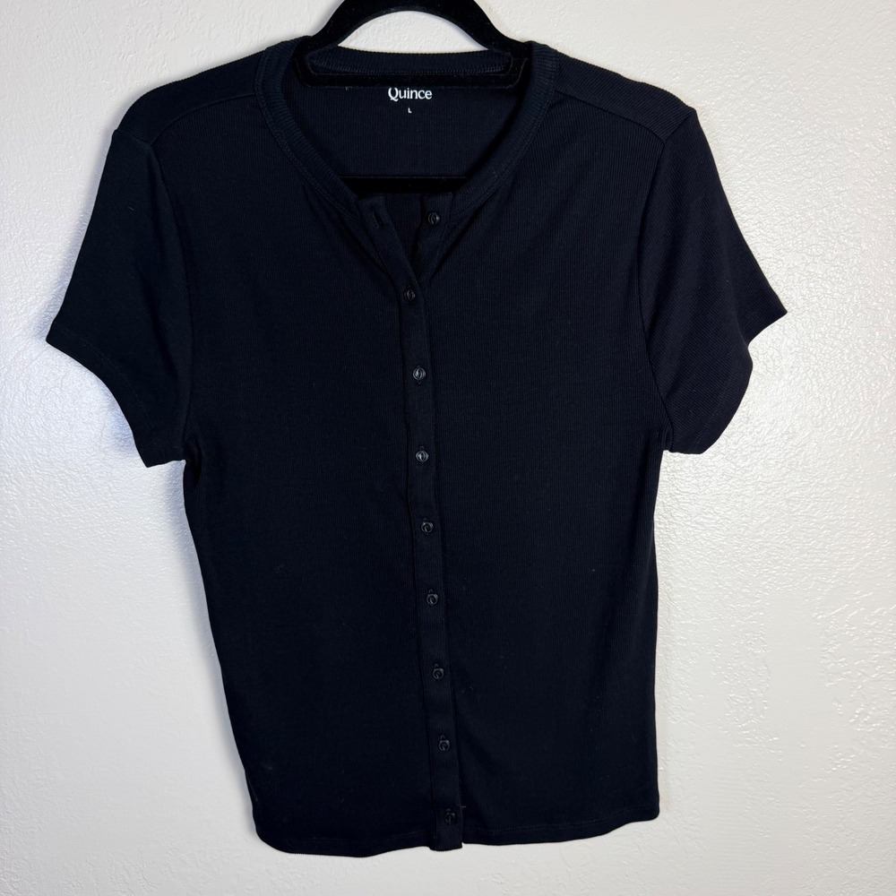 New Quince Women's L Black Organic Cotton Micro-Rib Button Tee Henley